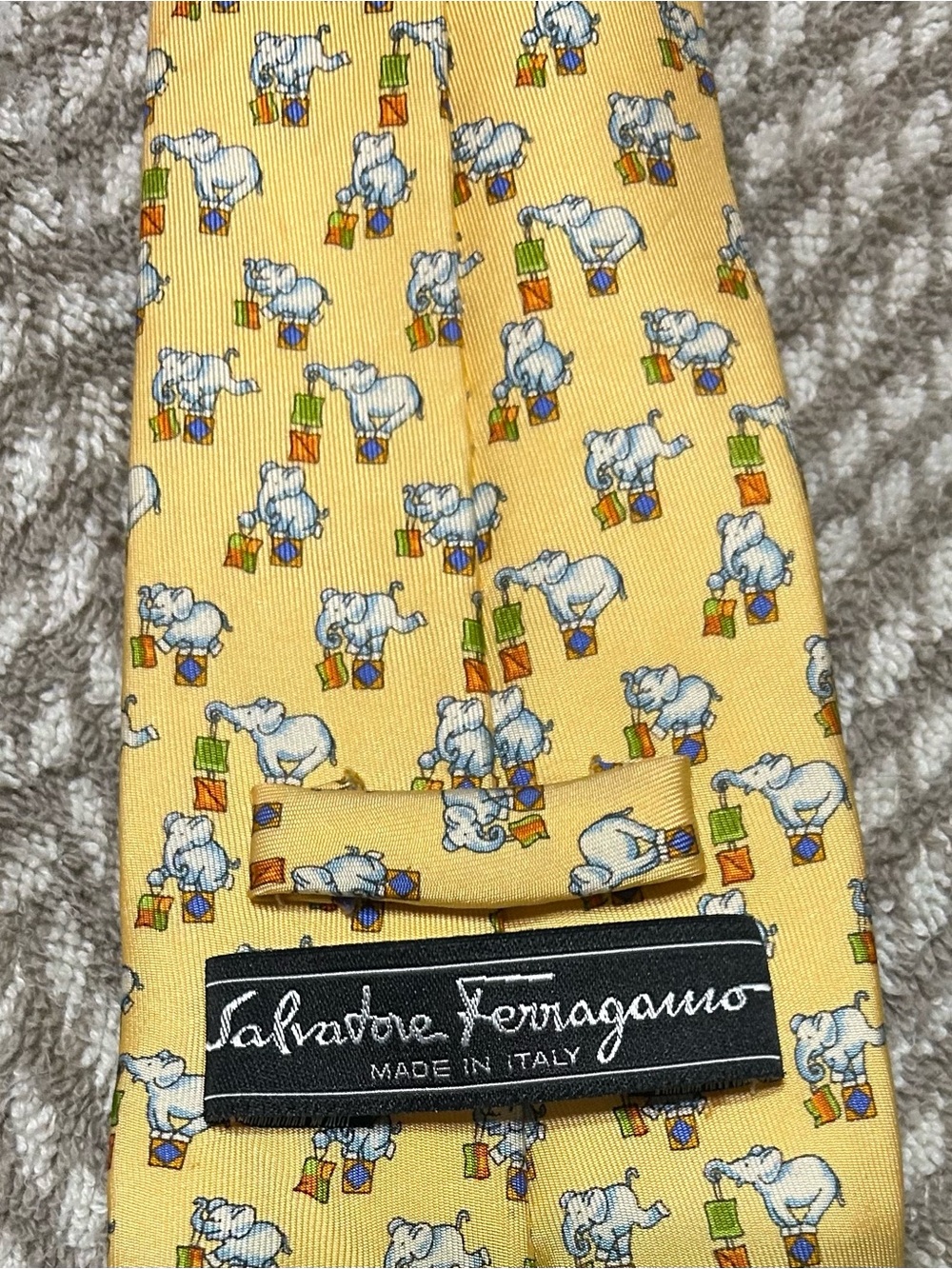 Salvatore Ferragamo Yellow Silk Tie with Blue and Green Elephant Motif